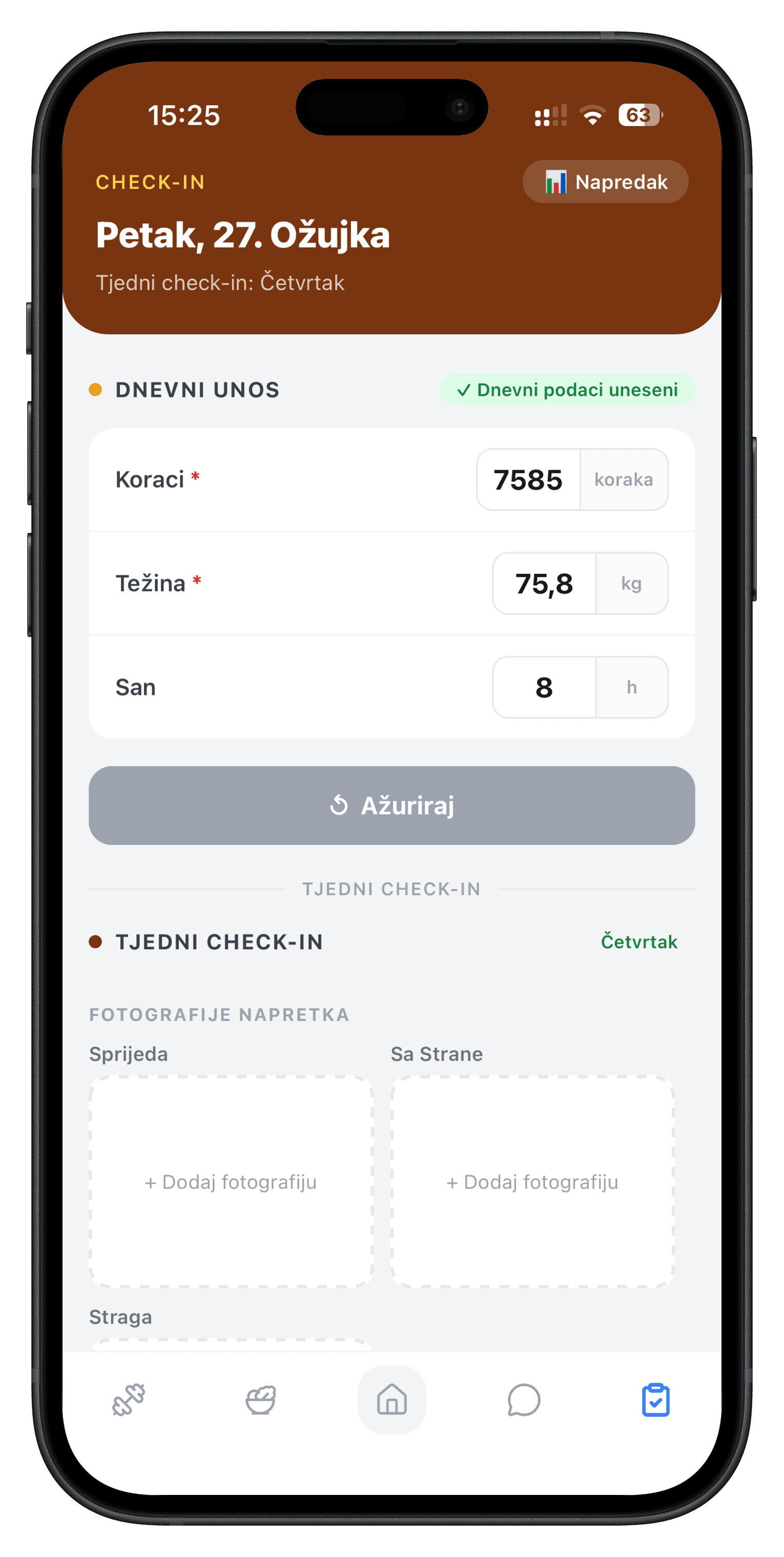 Praćenje klijenata - tjedni check-in s mjerama u coaching aplikaciji